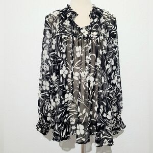 Style & Co Floral Tie Neck Long Sleeve Blouse Women's Large Black Sheer Boho